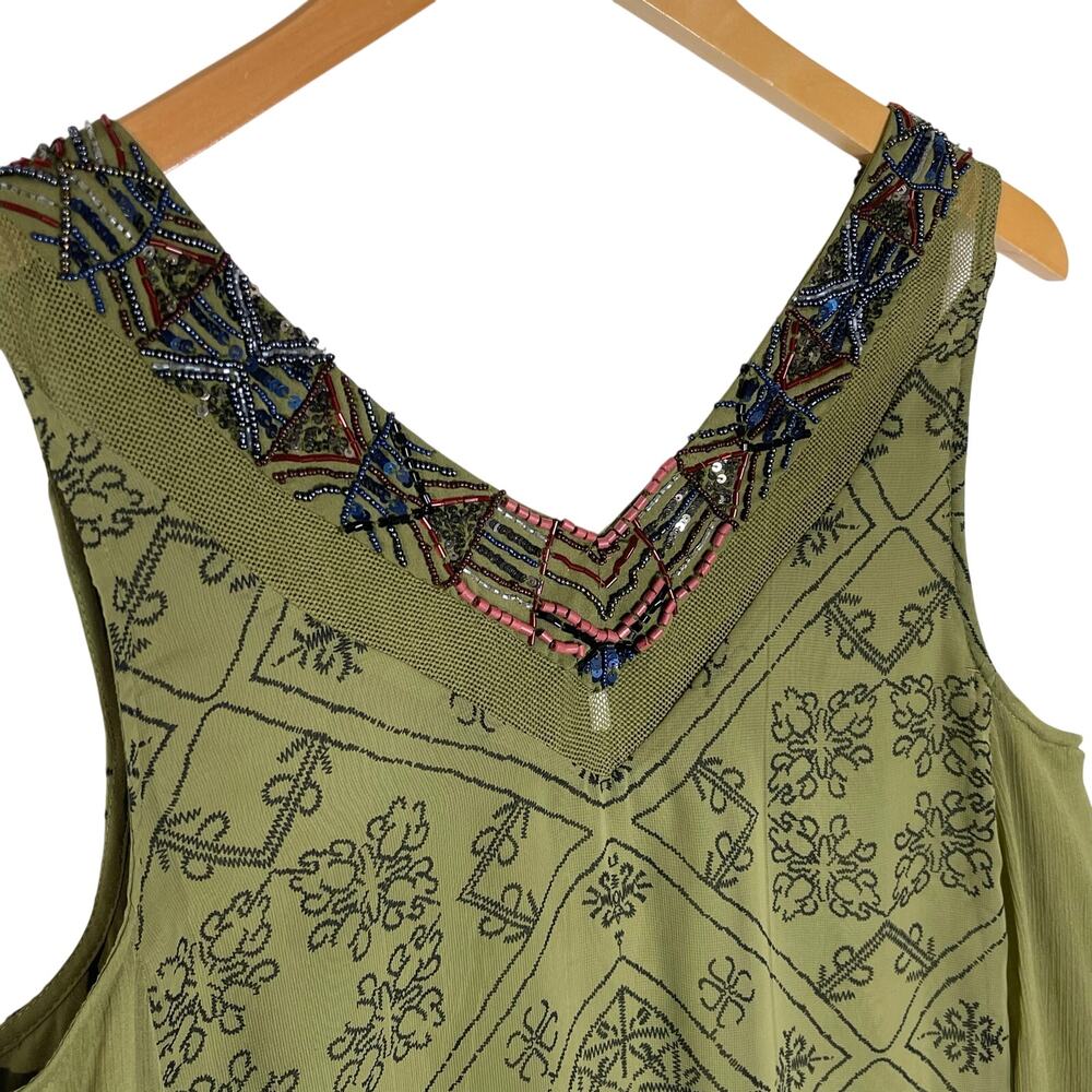 FREE PEOPLE Women’s Ancient Mystery Beaded Green Geo Print Swing Dress - Picture 8 of 8